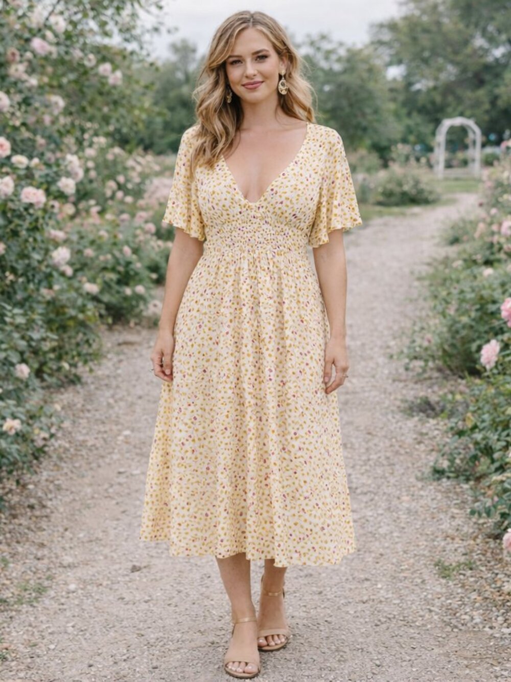 Free People Women In Full Bloom Floral Midi Dress Size M Yellow Cottagecore Boho